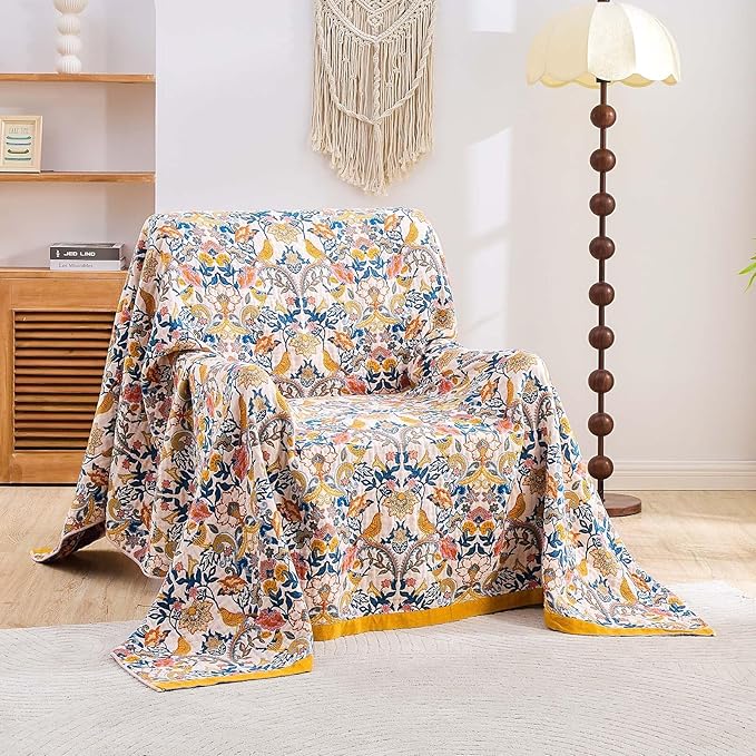 Boho Blanket Throw Quilt, 100% Cotton Soft Light Weight Throw Blankets for Summer, 60"x80" Farmhouse Flower Decorative Blankets, All Season Rustic Reversible Bohemian Throw Quilt