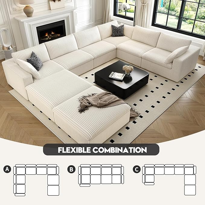 157.5" Cloud Couch Oversized Modular Sectional Sofa for Living Room,Modern Sofa with Deep Seat，8 Seater Boneless Couch with 2 Ottoman,Comfy Upholstered Couches for Apartment, Studio, Office,White