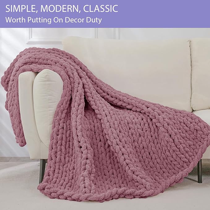 Bigacogo Chunky Knit Throw Blanket for Couch, 40x40 inches, 100% Hand Knitted with Thick Jumbo Chenille Yarn, Cozy Soft Large Rope Knot Cable Crochet Blankets for Sofa Bed Living Room, Burnt Rose