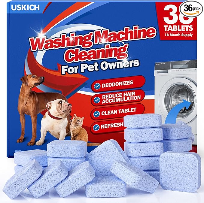 36Pack Washing Machine Cleaner Tablets-18 Month Supply,Washer Machine Cleaner Formulated For Pet Owners,Easy Pet Hair Remover for Laundry,Compatible with HE, Top & Front Load Washer.Septic Safe