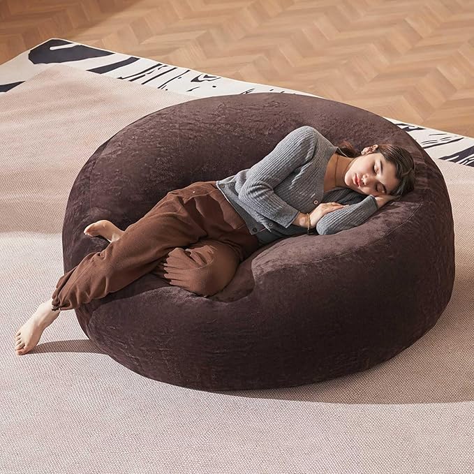 Bean Bag Chair 5Ft, Memory Foam Filled, Large Beanbag Chairs for Adults and Teens, Soft Sofa with Removable Flannel Cover, Round Couch for Living Room Bedroom College Dorm (Brown, 5FT-60×60"×24")
