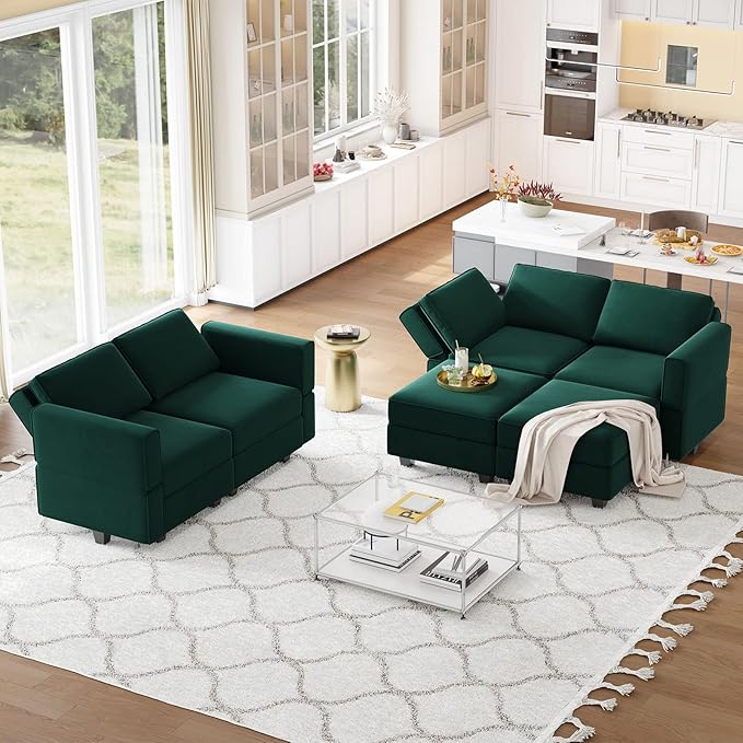 Belffin Modular Velvet Sectional Sofa with Chaise Lounge Sectional Sleeper Sofa with Storage Chaise Bed Couch for Living Room Green