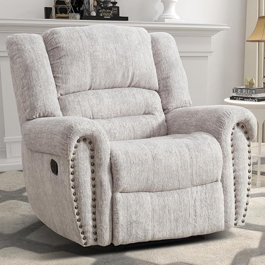 CANMOV Manual Recliner Chair, Classic and Traditional Manual Recliner Chair with Comfortable Arms and Back Single Sofa for Living Room, White Grey
