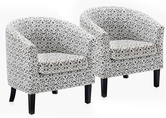 BELLEZE Accent Barrel Chair Set of 2, Linen Round Chair Club Tub Sofa Corner Chair with Flared Legs and Cozy Soft Padding for Living Room Bedroom Waiting Room - White & Brown