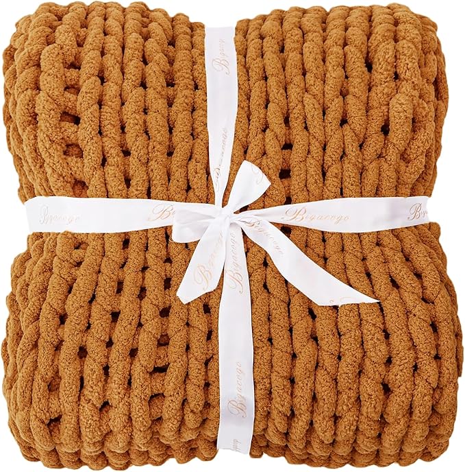 Bigacogo Chunky Knit Throw Blanket for Couch, 40x60 inches, 100% Hand Knitted with Thick Jumbo Chenille Yarn, Cozy Soft Large Rope Knot Cable Crochet Blankets for Sofa Bed Living Room, Burnt Orange