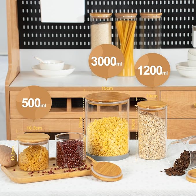 22oz Straight cylindrical Airtight Storage Jars with Bamboo Lid Set of 6 Storage Container Stackable Spice Jar, Kitchen Canister for Sugar, Tea, Cookies and Coffee beans (with Black Lable)