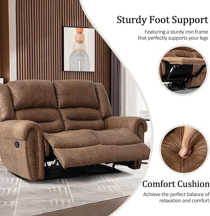 CANMOV Manual Reclining Sofa Set,Faux Leather Manual Recliner Loveseat and Recliner Chair with Overstuffed Armrest for Living Room,Bedroom Furniture,Office,Nut Brown