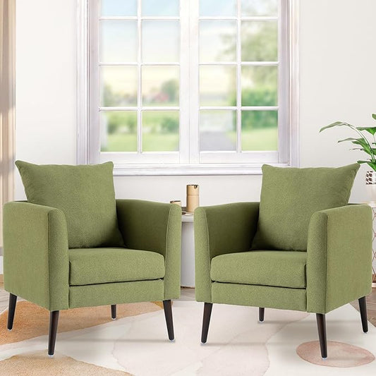 Barrel Accent Chair Set of 2 with Back Pillow, Large Upholstered Armchair with Solid Wood Legs Modern Reading Chairs for Living Room Bedroom