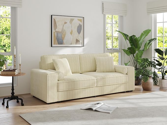 91-Inch Corduroy Pull Out Couch with Storage, Convertible Queen Sleeper Sofa with Pull Out Bed, Hide a Bed Couches for Bedroom, Guest Room, Apartment, Small Places, RV (Beige)