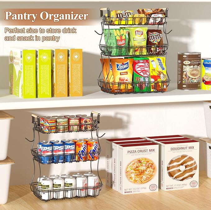 3 Tier Fruit Basket for Kitchen Counter, Fruit Bowl with 2 Banana Hooks Mesh Top, Multifunctional Detachable Sturdy Kitchen Storage Organizer for Vegetables Snacks Onion Potato, Black