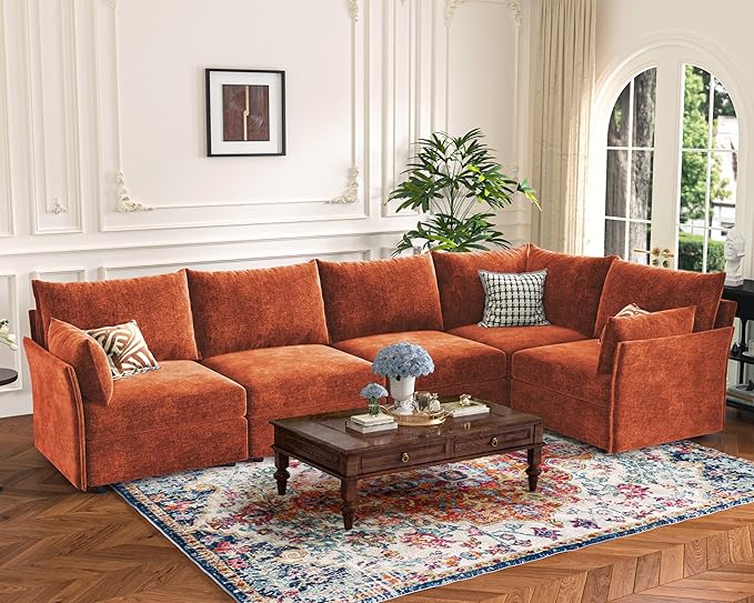 136.4" Oversized Modular Sectional Sofa, U Shaped Convertible Couch with Movable Ottoman, Large 7 Seat Corner Couches for Living Room Deep Seat Terracotta Orange Chenille