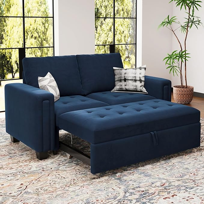 Belffin Modular Sectional Sleeper Sofa with Pull Out Couch Bed Modular Sleeper Loveseat Sectional Sofa Velvet Fabric for Living Room Apartment Blue