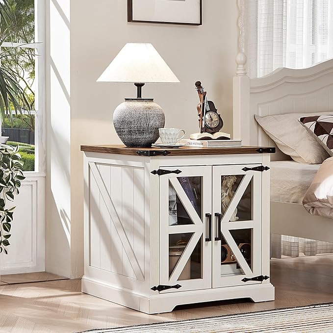24" End Table Set of 2 with Charging Station, Farmhouse Night Stand with Glass Barn Door, Nightstands with Adjustable Storage Shelf, Large Wood Square Bed Side Table for Living Room,Bedroom