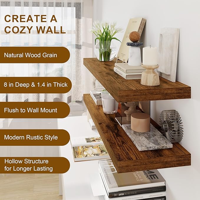 30 Inch Floating Shelves, Rustic Floating Wall Shelves 8 Inch Deep, 30 x 8 Floating Shelves for Home Decor, Deep Storage Shelves for Kitchen, Bathroom, Living Room, Rustic Brown Color, Set of 2