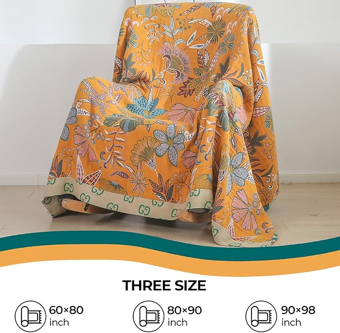 Boho Throw Blankets Reversible Luxurious Cotton Bed Throws with Vintage Bohemian Design & Yellow/Green Lightwight Floral Decor Blanket, Perfect as Bed Sofa Quilt 80" x 90"