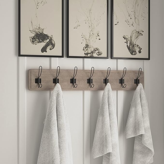 HBCY Creations Weathered Solid Wood Wall Mounted Coat Rack with Shelf, 7 Hooks, 34" Long - Kitchen, Mudroom, Entryway, Bathroom - Includes Mounting Hardware, Coat Hanger, Dog Leash Hooks, Towel Rack