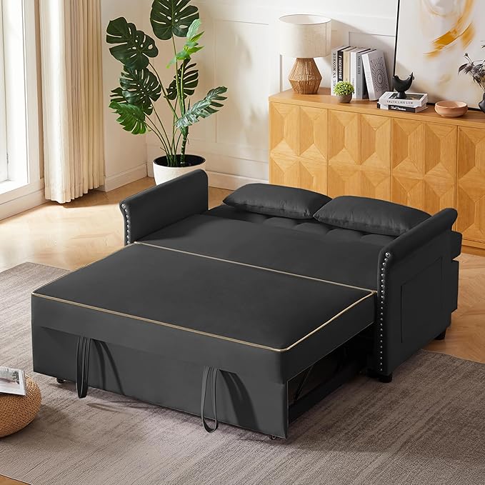 58" Velvet Sofa Bed, 3-in-1 Convertible Pull-Out Sleeper Sofa & Couch with Storage Bag and Adjustable Backrest,Perfect for Small Spaces, Living Room, or Office