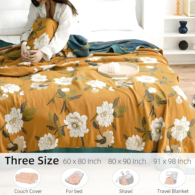 Boho Throw Blanket for Bed - 100% Pure Cotton Ultra Soft Rustic Quilt - Farmhouse Decor Bed Blankets, All Season Rustic Throw for Sofa Couch Chair(91''x 98'', Flower Branch 2)