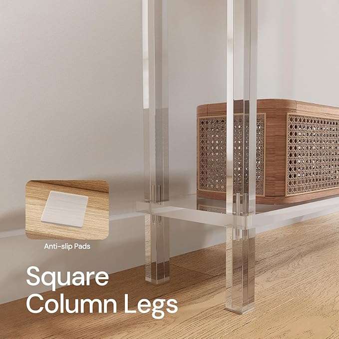 Acrylic Narrow Console Table for Entryway, 7.6" D x 39.4" W x 31.5" H, Square Legs, Skinny Entry Table for Sofa, Foyer, Hallway, Living Room, Modern, 2-Tier, Clear