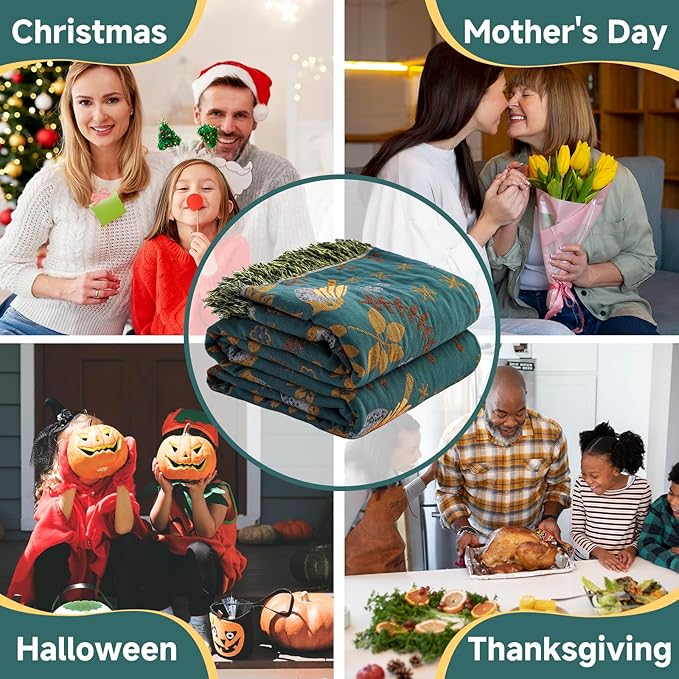 Boho Throw Blanket for Bed Couch 100% Cotton Woven Bed Throws for All Season Lightweight and Soft Cozy Farmhouse Reversible Muslin Decorative Blanket for Travel Picnic, Teal/Cream, 60''x80''