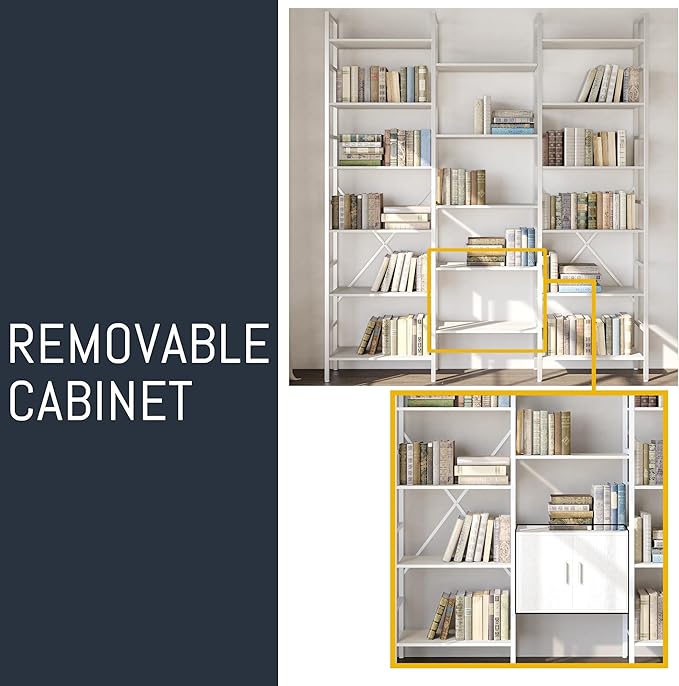 70x78 “ Triple 6 Tier Book Shelf, Industrial Large Bookcase with Storage Cabinet, Tall Bookshelf with 16 Open Display Shelves Metal Frame Furniture for Living Room Bedroom Home Office White