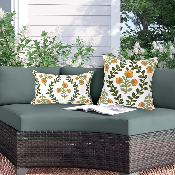Alysheer Flower Embroidered Summer Decorative Lumbar Throw Pillow Cover 12"x 20", Farmhouse Cottage Orange Floral Green Leaves Patterned Cotton Canvas Cushion Case for Sofa Couch Bed Living Room