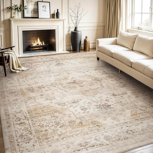 AMOAMI-Area Rug 8FT X 10FT Rugs for Living Room-Vintage Soft Beige Rugs for Bedroom-Non Slip Carpet-Washable Rug for Dining Room Living Room Bedroom Office Under Table