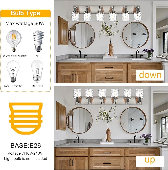 BONLICHT Vanity Light Fixture Brushed Nickel 6-Light Modern Farmhouse Wall Sconce Bathroom Lighting with Hammered Glass Industrial Wall Mount Lights for Kitchen Dining Room Cabinet Corridor