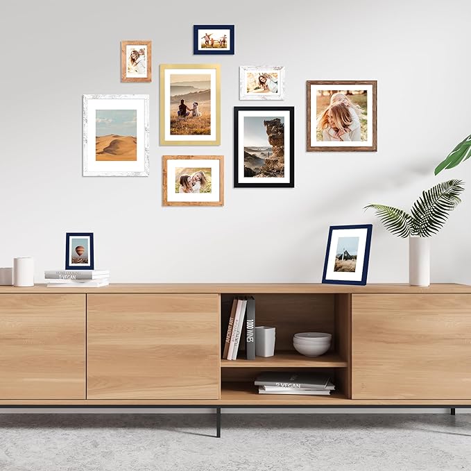 4x6 Picture Frame Set of 4, 4 x 6 Wood Photo Frames with Mat for 3.5x5, Natural Wooden Frame with Real Glass Cover for Wall and Tabletop Display,Blue