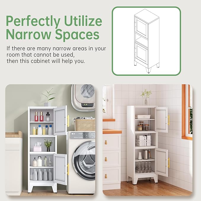 47.24" H Metal Narrow Bathroom Storage Cabinet Pantry Storage Cabinet, 2 Adjustable Shelves for Kitchen, Home Office, Living Room, Dinning Room (White)