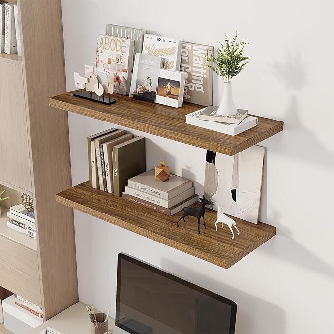 36" Floating Shelves for Wall, 12" Deep Slim Walnut Floating Shelves, Wall-Mounted Shelves for Bedroom, Living Room, Kitchen, Bathroom - Set of 2