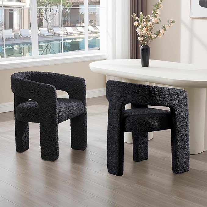 Black Sherpa Dining Chairs Set of 4, Modern Barrel Dining Room Chairs Upholstered Faux Fur Accent Chair with Arms and Round Back for Living Room Kitchen Armchair No Assembly Needed