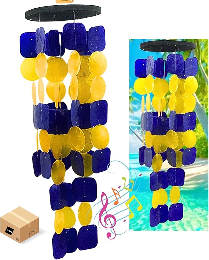 Bellaa 24889 Wind Chimes Outdoor, Garden Decorations, Musical, Indoor/Outside Windchimes, Beach, Ocean Breeze, Gifts for Mom, Gift for All Occasions, Capiz Sea Glass Shells Wood Yellow Blue