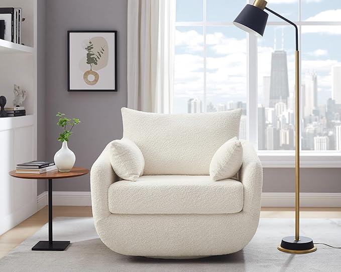 360° Swivel Accent Armchair, 39.3" Oversized, Sherpa Boucle Fabric Sofa Chair with Removable Back & Arm Pillows, Swivel Chair with Cozy Soft Padded, No Assembly Required (1, Cream White)