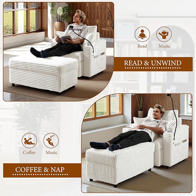 Accent Chair with Storage Ottoman Upholstered Living Room Chairs for Reading Chair with Chaise Lounge Chairs Indoor, Comfortable Armchair for Bedroom