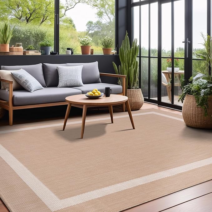 Bordered Outdoor Rug 9x12 Washable Outside Carpet for Indoor Patio Porch Waterproof Easy Cleaning Non Shedding Area Rugs Beige 9 x 12