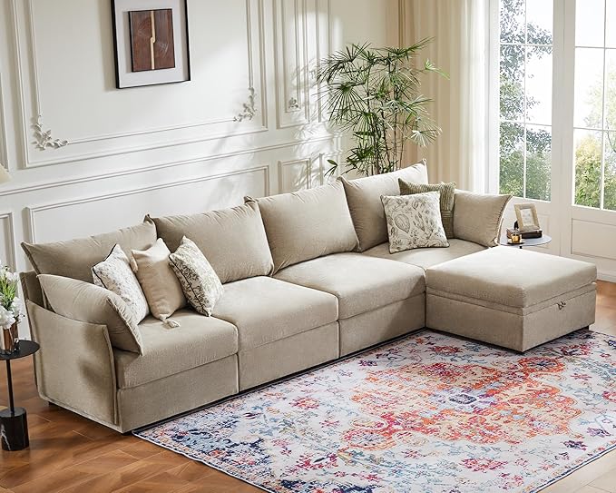 134.6" Modular Sectional Sofa, Oversized 4 Seater Couch with Removable Beige Chenille Fabric Cover, Deep Seat & High Backrest for Living Room, Office & Apartment