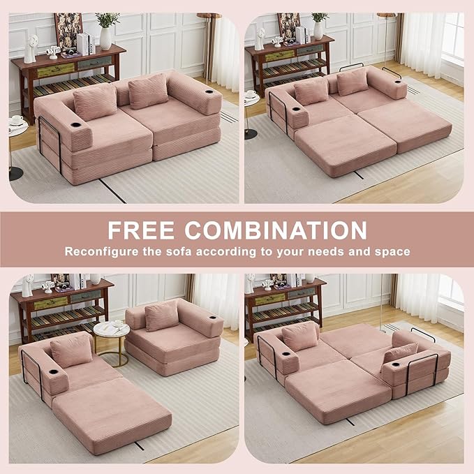 78" W Loveseat Sofa, 4 in 1 Convertible Floor Sofa Bed, Boneless Cloud Couch with Cup Holder, Fold Out Floor Couch, Loveseat Recliner Sleeper for Living Room Bedroom Lounge(Corduroy, White)