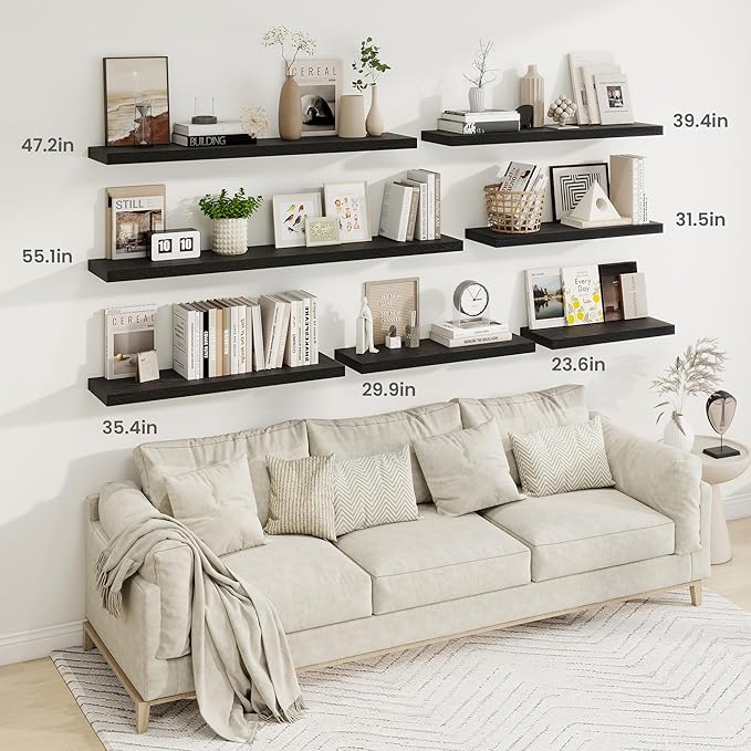 36 Inch Floating Shelves, 9.3 Inch Deep Rustic Wall Shelves - Extra Deeper Wall Mounted Storage Shelves for Bathroom, Kitchen, Living Room (Black, Set of 2)