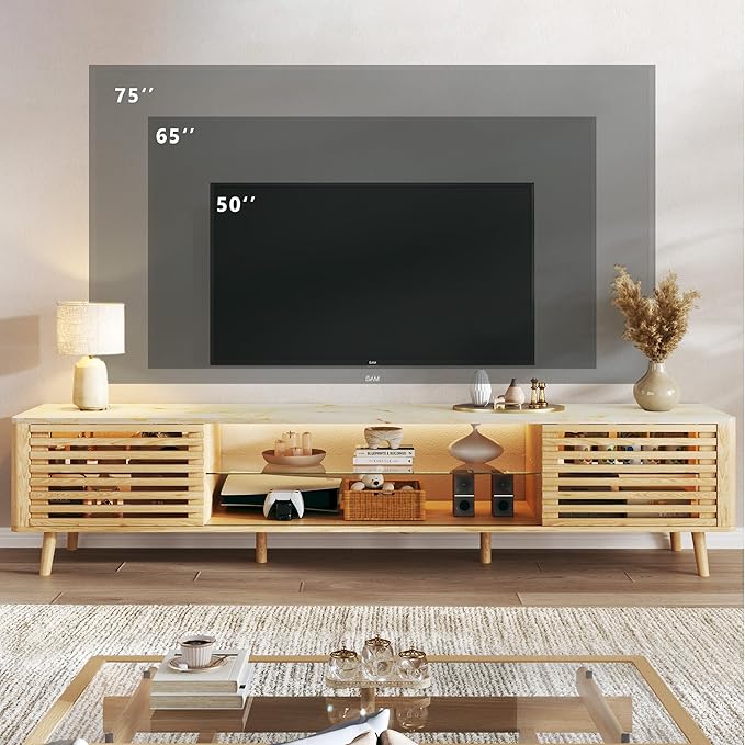 70" Mid Century Modern TV Stand for 55/65/75 Inch TV, Faux Marble Top Entertainment Center with Slatied Sliding Door & LED Lights, Low TV Console with Glass Shelves for Bedroom, Living Room