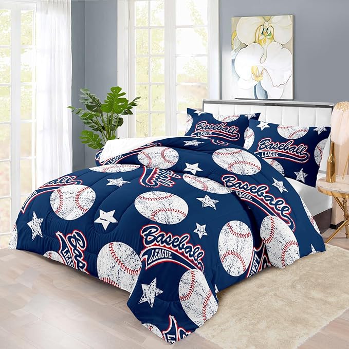 Baseball Comforter Set Twin,Sports Bedding Sets for Boys,Blue Sports Comforter Twin Bedroom Decor,Baseball Bedding Teen for All Seasons,Blue Quilt Kids Bedroom Decor