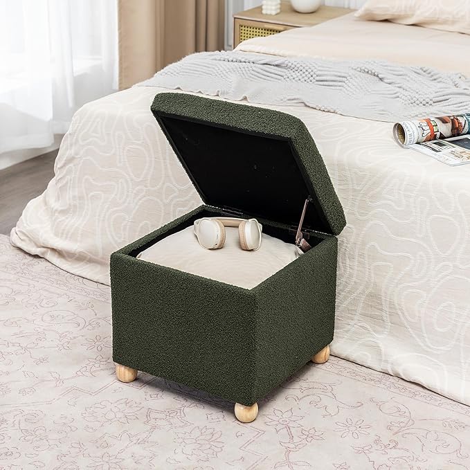 Adeco 17 Inch Soft Dark Green Cube Ottoman Storage, Teddy Velvet Chair Foot Stools, Upholstered Vanity Stool with Hinged Lid, Solid Round Wood Legs