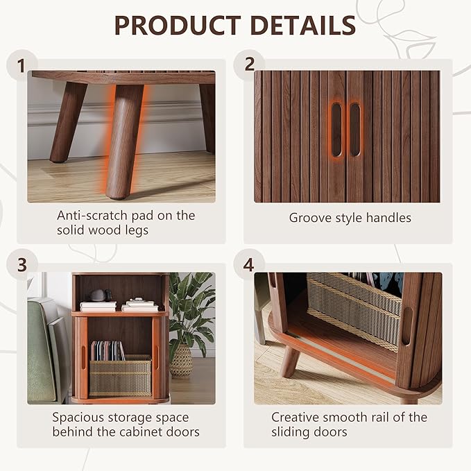 Alohappy Fluted End Table Set of 2, Mid Century Modern Nightstand with Sliding Tambour Door, Curved Round Edge Wood Bedside Table for Bedroom, Side Tables with Storage for Living Room, Walnut