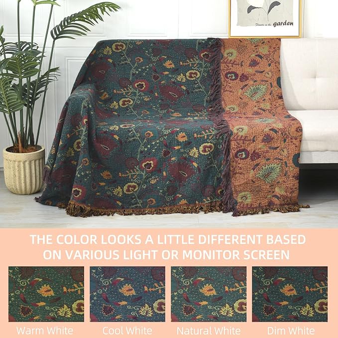 Boho Throw Blanket for Bed - 100% Pure Cotton Ultra Soft Rustic Quilt - Farmhouse Decor Bed Blankets, All Season Rustic Throw for Sofa Couch Chair(91''x 98'', Floral)