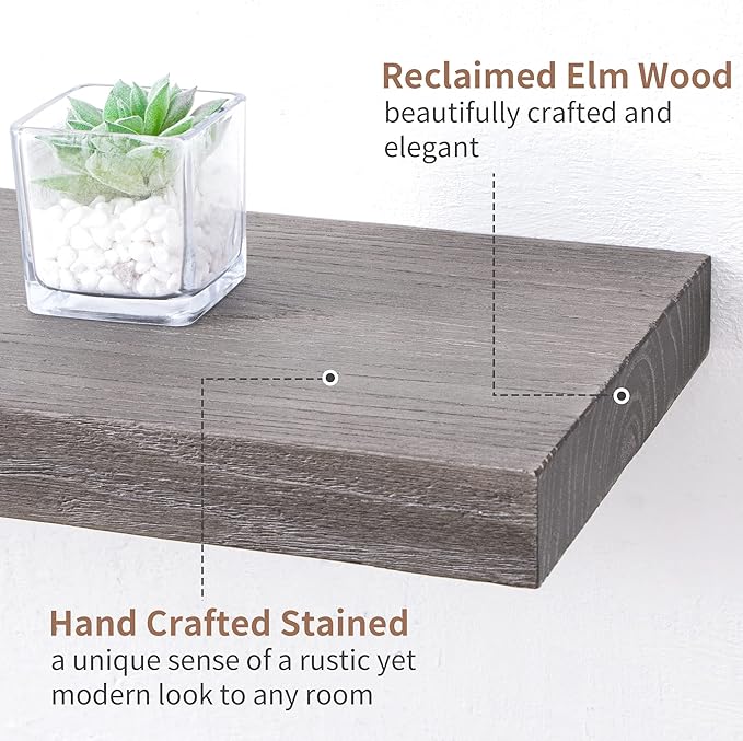 Axeman Floating Shelves for Wall, 8 Inch Deep Rustic Solid Elm Wood Wall Shelves for Storage, Wall Mounted Display Shelving with Invisible Heavy-Duty Metal Bracket, 36'' Width Set of 2, Grey