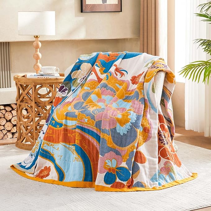 Boho Throw Blanket, Lightweight Blankets for Summer, 100% Cotton Bohemian Decorative Throw Blanket, 60"x80" Reversible Muslin Breathable Woven Farmhouse Blankets Quilt,