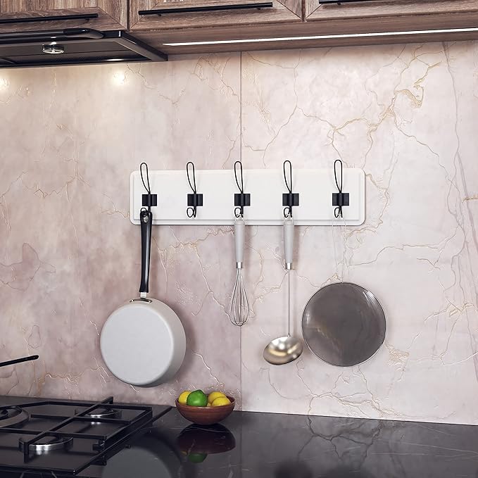 HBCY Creations White Solid Wood Wall Mounted Coat Rack with Shelf, 5 Hooks, 24" Long - Kitchen, Mudroom, Entryway, Bathroom - Includes Mounting Hardware, Coat Hanger, Dog Leash Hooks, Towel Rack