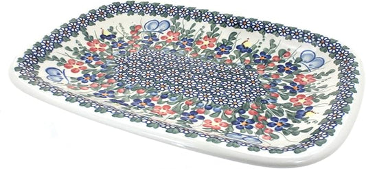 Blue Rose Polish Pottery Garden Butterfly Large Rectangular Serving Platter