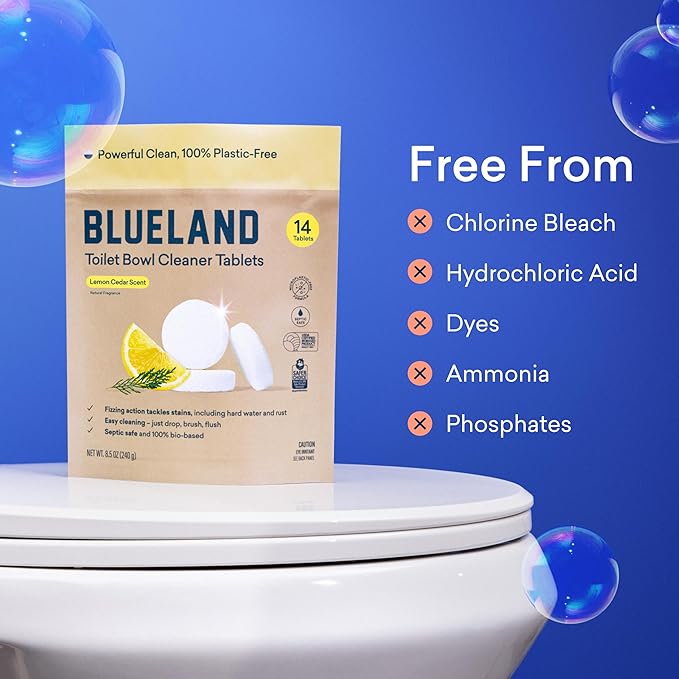 BLUELAND Toilet Bowl Cleaner Tablets, 2-Pack, 28 Count, Lemon Cedar, Plastic-Free, No Harsh Chemicals, Plant-Based