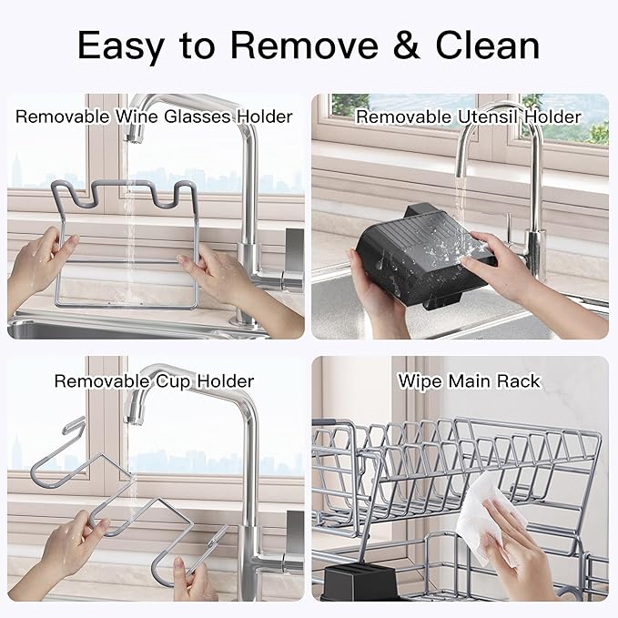 BOOSINY 2 Tier Grey Large Stainless Steel Dish Drainers Drying Rack for Kitchen Counter with Drainboard, Rust Proof Metal, Space Saving, Modern Aesthetic, Compact Plates Strainers with Extra Mat